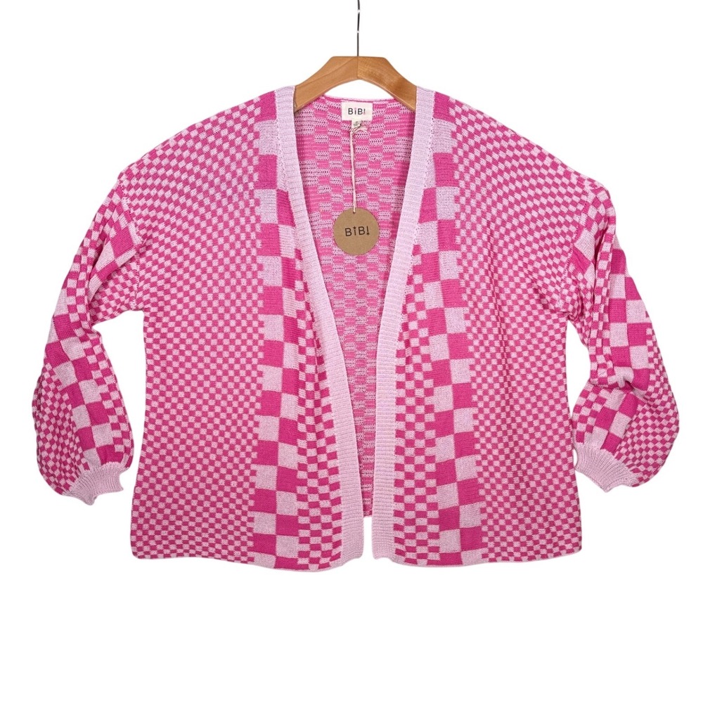 BiBi Pink‎ White Checkered Cardigan Sweater Womens Small New Barbiecore Knit